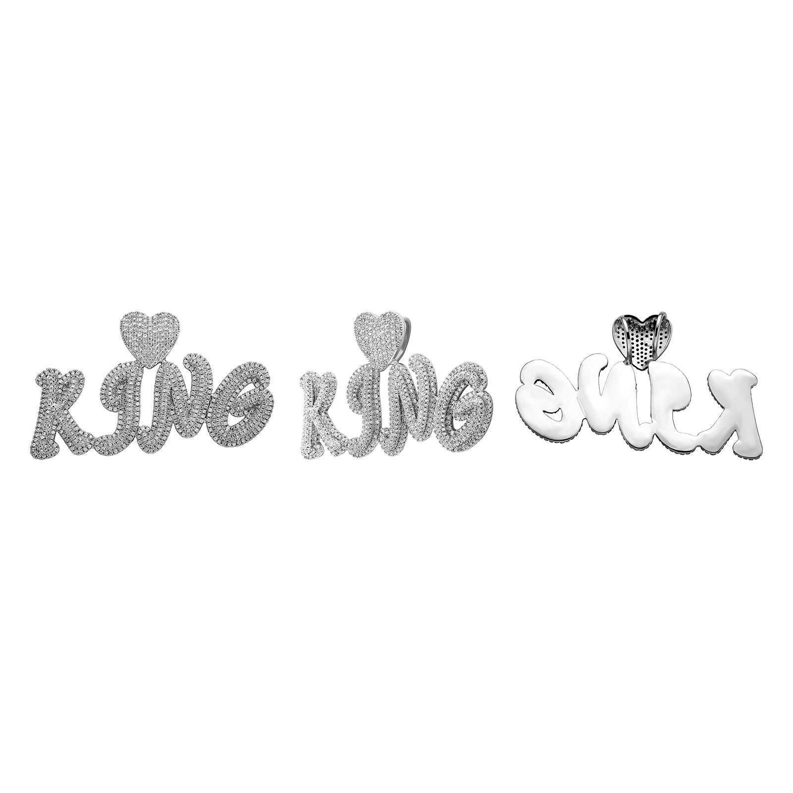 Best Selling Capital Letters Mosaic King Heart Charm Pendant Necklace Mens 14K White Gold Full Bling Cubic Zirconia CZ Stone Hip Hop Personalized Jewe