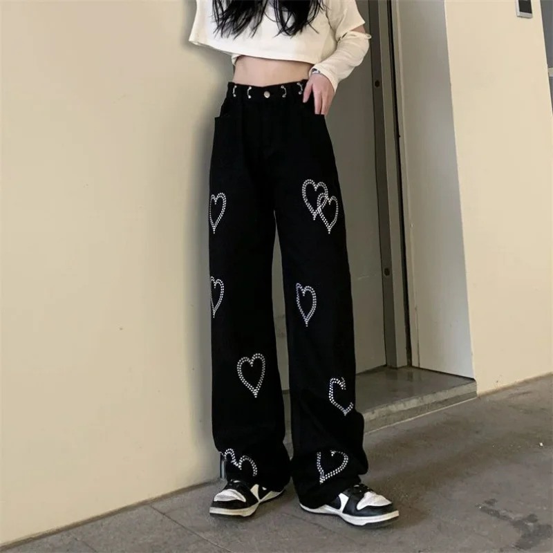 Women's Jeans Streetwear Fashion Women Black Wide Leg Jeans Spring Autumn Korean Casual Pants Hip Hop Harajuku Caring Loose Straight Trousers 231