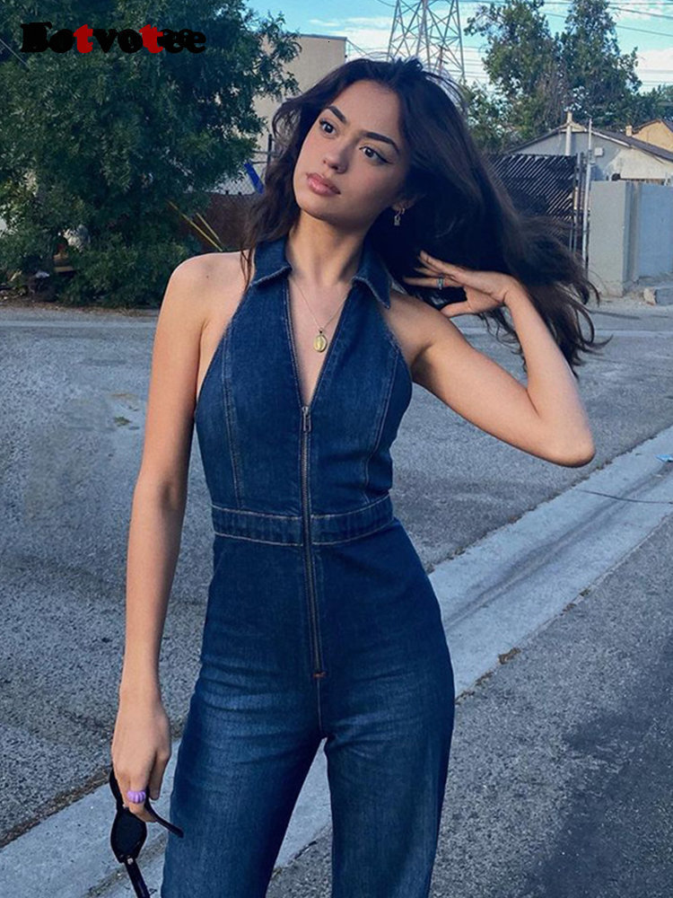 Women's Jumpsuits Rompers Botvotee Jeans Jumpsuit Women Spring Fashion High Waisted V Neck Wide Leg Pants Bodysuit Vintage Casual Denim Jumpsuit 