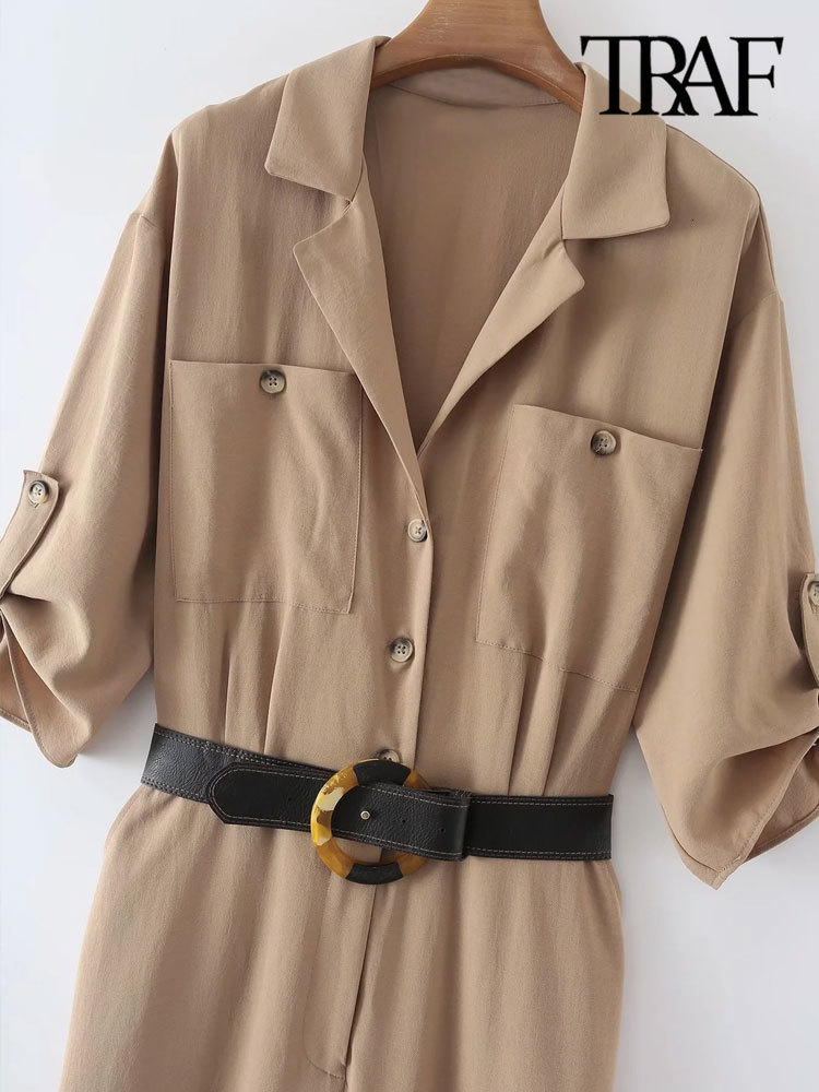 Women's Jumpsuits Rompers TRAF Women Fashion With Belt Side Pockets Jumpsuits Vintage Short Sleeve Front Buttons Female Playsuits Mujer 230422