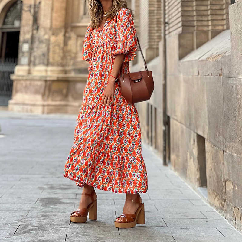 Bohemian fluffy sleeved women's long dress elegant holiday beach dress educational evening dress V-neck casual floral fitted dress summer 2023
