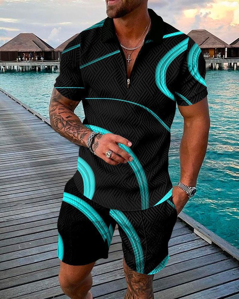 Men's Tracksuits Summer Sports Suit Men 3D Printed Casual Short Sleeve T Shirt Men's Lapel Zip Polo Shirt Men's Clothing Mens Polos Tra