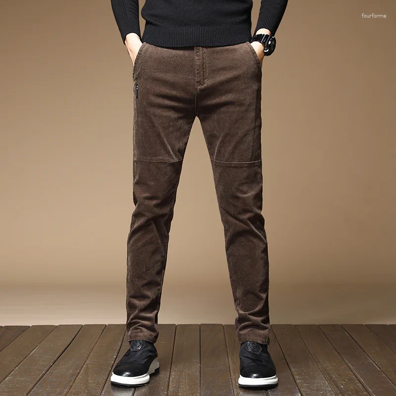 Men's Corduroy Fleece Ed Winter Pants Warm, Slim Fit, Casual Stretch Trousers, Grey, Green, Brown, Black -