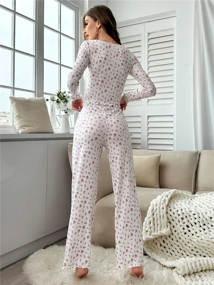 Womens Sleepwear Ditsy Floral Print Lettuce Trim PaJamas Set Elastic Waistband Loungewear Full Sleeve Nightwear 231122