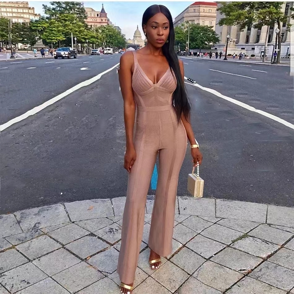 Women's Jumpsuits Rompers Summer Women Bandage Jumpsuits Romper V Neck Sexy Backless Black Khaki Red Strap Long Celebrity Party Evening Elegant 2