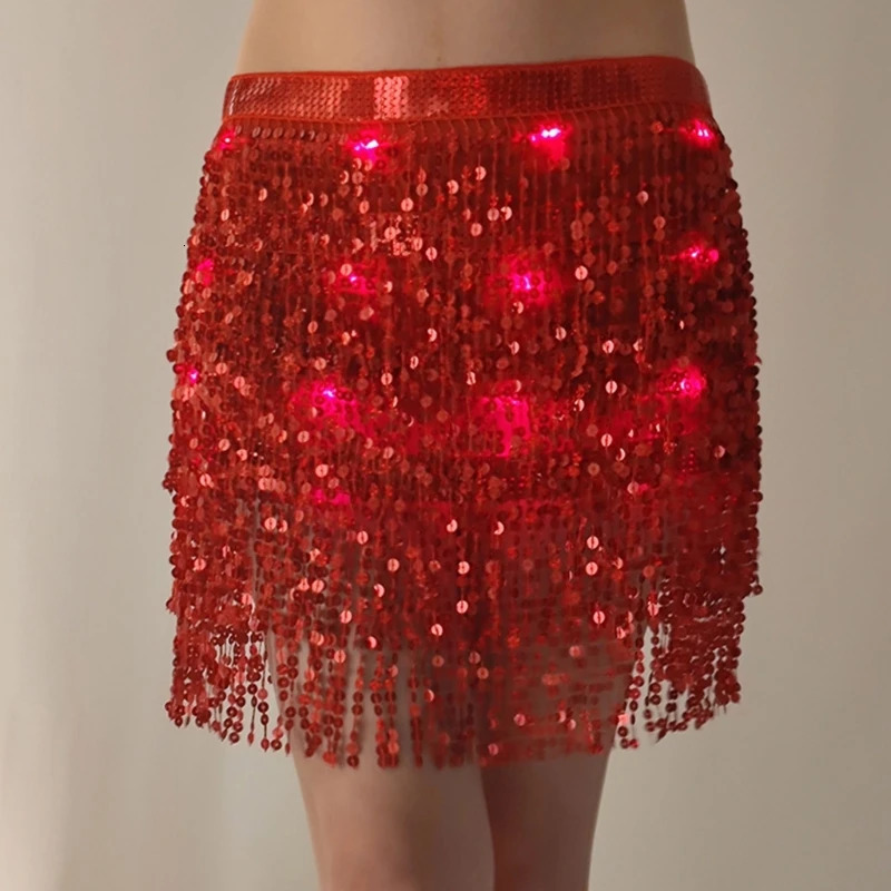 Skirts Women LED Lace-up Sequins Tassels Wrap Mini Skirt Belly Dance Hip Scarf Glitter Waist Chain Stage Performances Costumes Dropship 231121