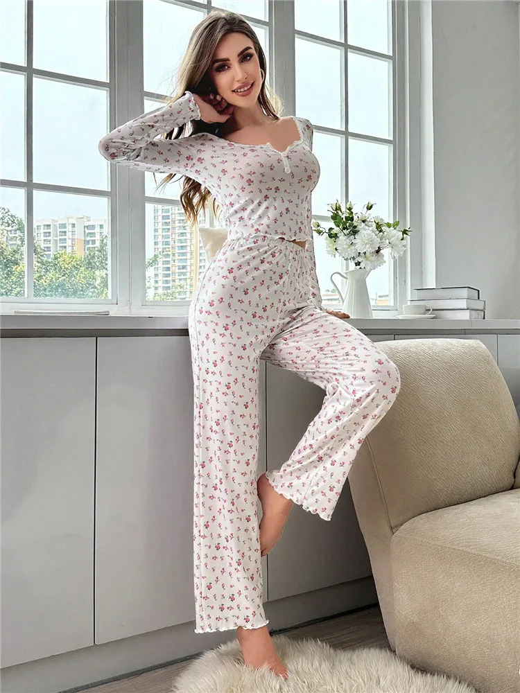 Womens Sleepwear Ditsy Floral Print Lettuce Trim PaJamas Set Elastic Waistband Loungewear Full Sleeve Nightwear 231122