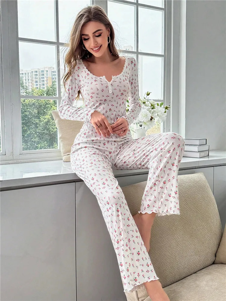 Womens Sleepwear Ditsy Floral Print Lettuce Trim PaJamas Set Elastic Waistband Loungewear Full Sleeve Nightwear 231122