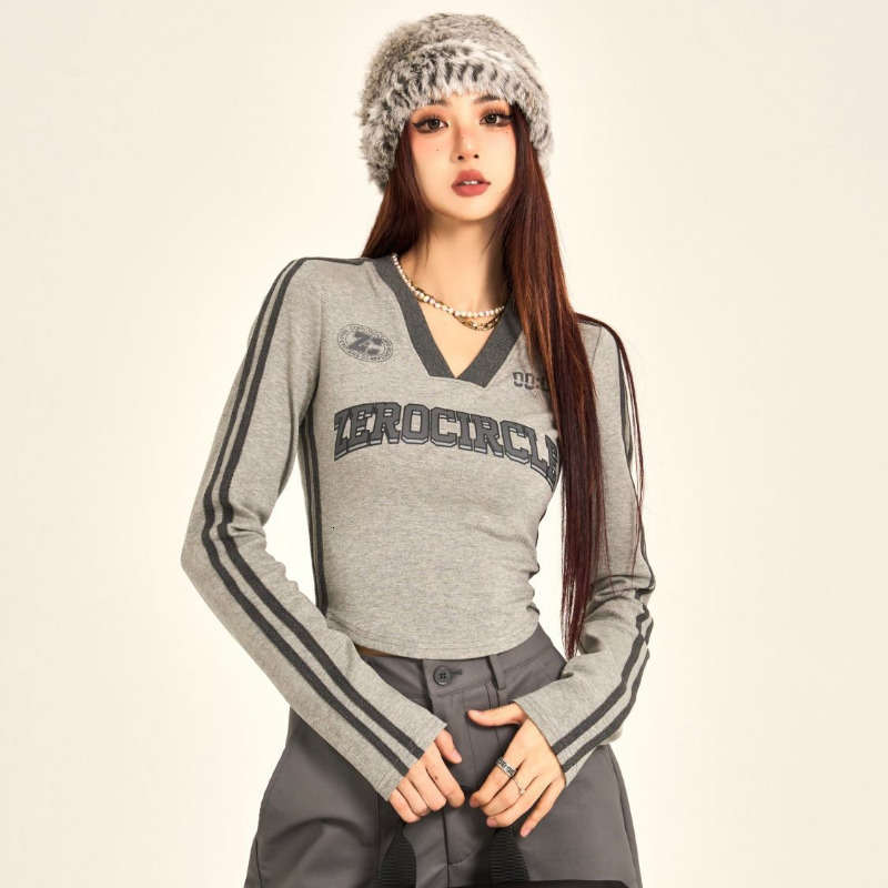 Women's T-Shirt Hikigawa Chic Fashion Women Vintage Contrast Color Jersey Print Long Sleeve T-Shirts Streetwear Slim Fit Short Length V Neck Top 