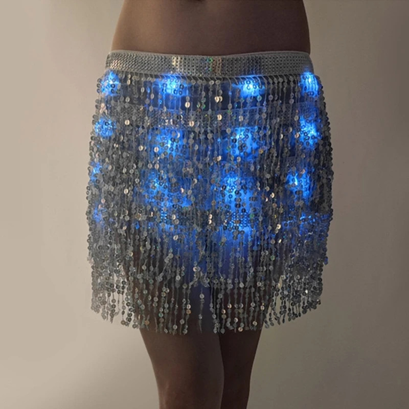 Skirts Women LED Lace-up Sequins Tassels Wrap Mini Skirt Belly Dance Hip Scarf Glitter Waist Chain Stage Performances Costumes Dropship 231121