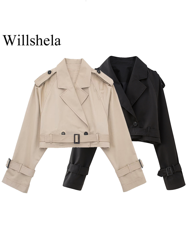 

Women's Trench Coats Willshela Women Fashion With Belt Cropped Jacket Vintage Notched Neck Long Sleeve Female Chic Lady Coat Outfits 230421, Black