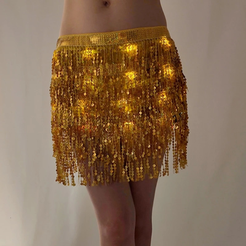 Skirts Women LED Lace-up Sequins Tassels Wrap Mini Skirt Belly Dance Hip Scarf Glitter Waist Chain Stage Performances Costumes Dropship 231121