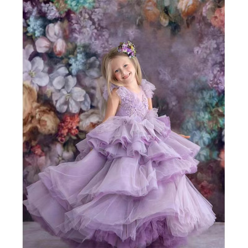 Cute Lace Flower Girl For Wedding 3D Appliqued Ball Gown Toddler Pageant Gowns Frist Holy Communion Dresses Tutu Floor Length Kids Birthday Dress 403