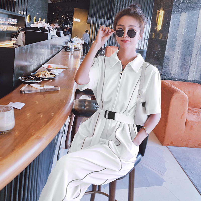 Women's Jumpsuits Rompers Summer Jumpsuit Women Streetwear Hip Hop Reflective Stripe Short Sleeve Lapel Zipper Harem Overalls Pants Sets Romper 2