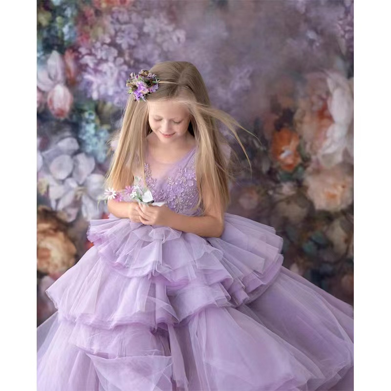 Cute Lace Flower Girl For Wedding 3D Appliqued Ball Gown Toddler Pageant Gowns Frist Holy Communion Dresses Tutu Floor Length Kids Birthday Dress 403