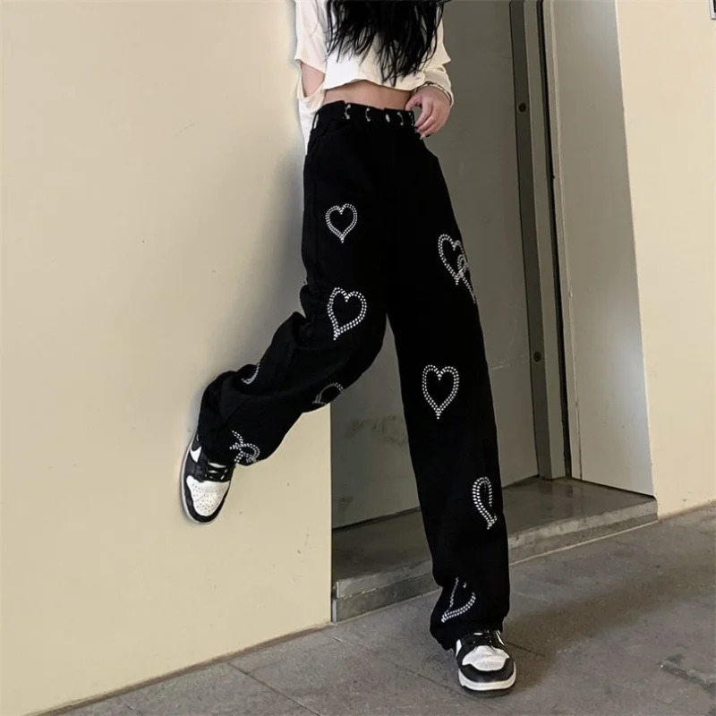 Women's Jeans Streetwear Fashion Women Black Wide Leg Jeans Spring Autumn Korean Casual Pants Hip Hop Harajuku Caring Loose Straight Trousers 231