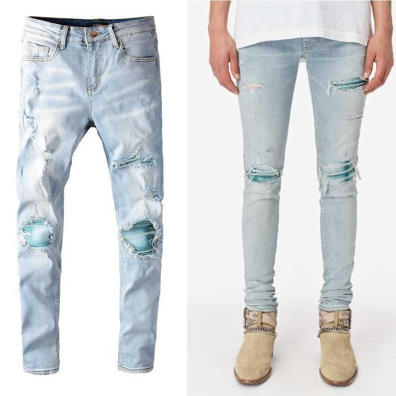 Designer Clothing Fashion Denim Pants Amiiri New Trend Brand Light Blue Wash Old Patches with Broken Holes Youth Elastic Slim Fit Small Feet I Jeans Men For sale, As shown in figure
Designer Clothing Fashion Denim Pants Amiiri New Trend Brand Light Blue Wash Old Patches with Broken Holes Youth Elastic Slim Fit Small Feet I Jeans Men For sale, As shown in figure