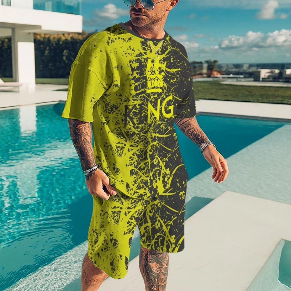 Men's Tracksuits Summer Men's Casual Beach Shorts Set 3D Printed Blu ray Fragments Round Neck Men's T-Shirt Short Sleeve Two Piece Set 
