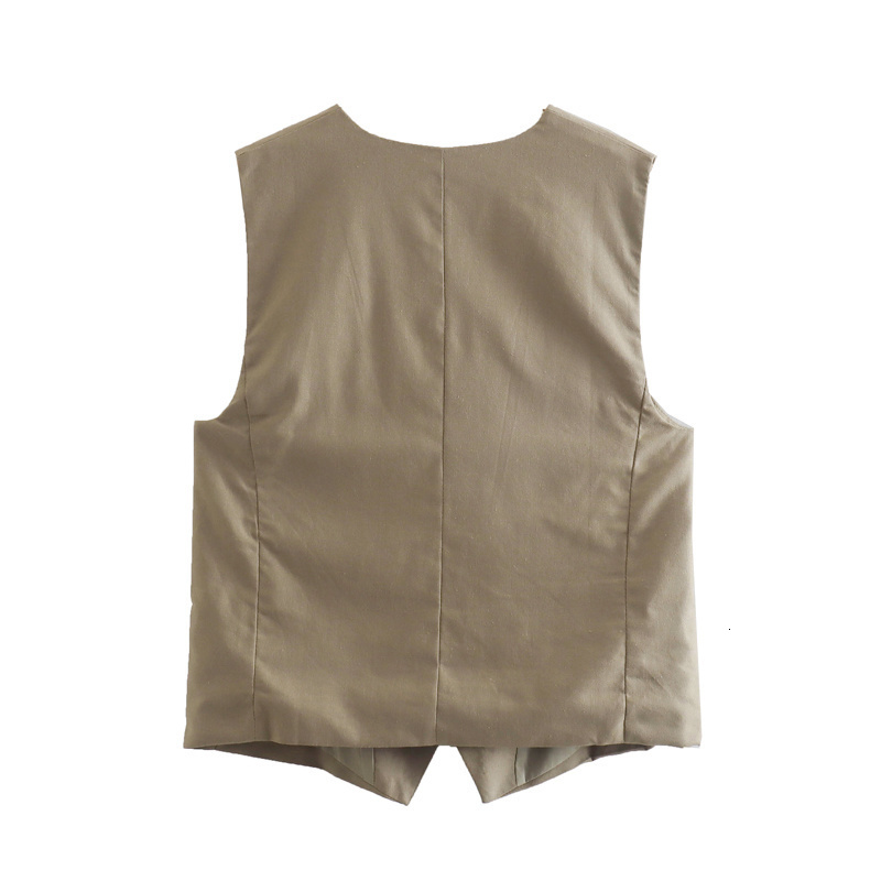 Camisoles Tanks TRAF WOMEN 2023 Fashion Front Button Flax Blending Waistcoat Vintage V Neck Sleeveless Female Outerwear Vest Tops Shorts Suit 230421