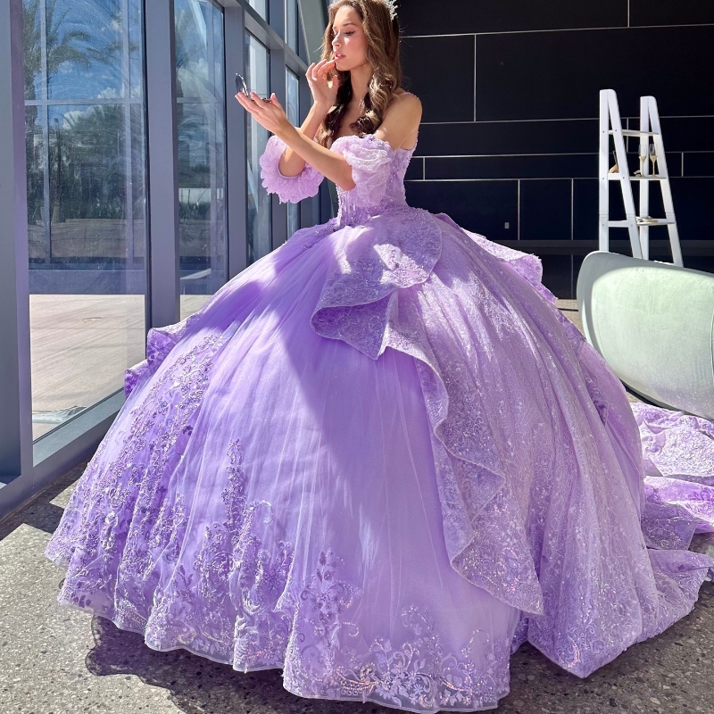 Lavender Shiny Sweetheart Quinceanera Dresses Off the Shoulder Party Birthday Dress for Sweet 16 Tulle Sequin Applique Lace Beads Ball Gown Vestid 15 