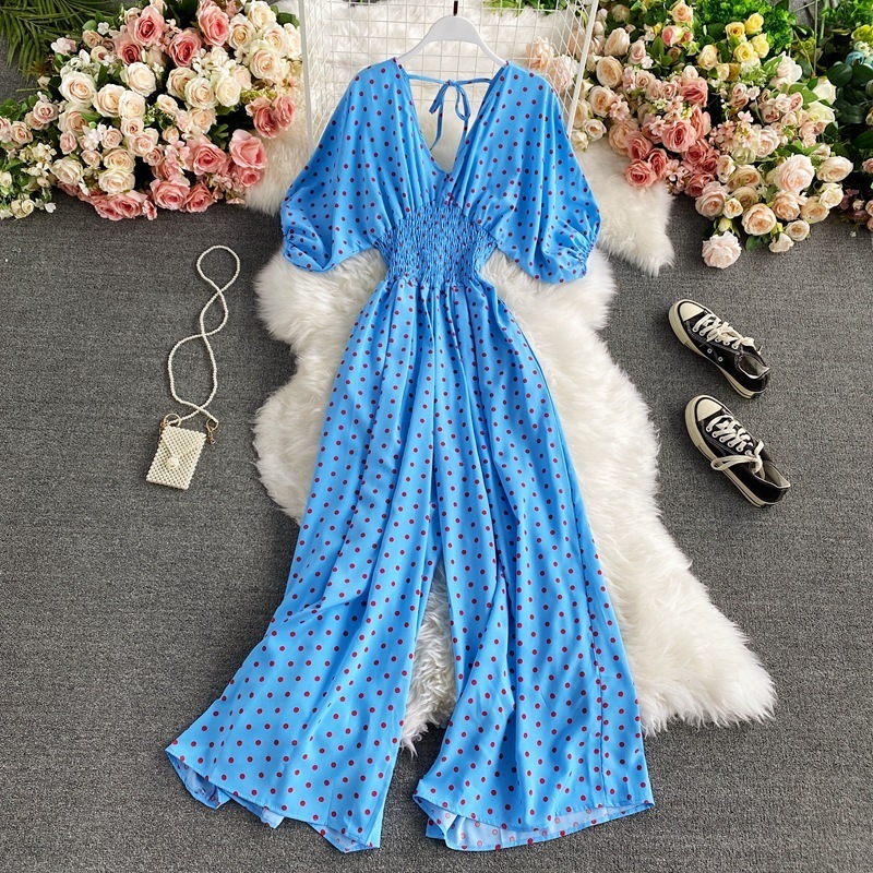 Women's Jumpsuits Rompers F V Neck Sexy Dolman Sleeves Waist Slim Polka Dot Print Jumpsuit Women Wide Leg Trousers Jumpsuit 230421