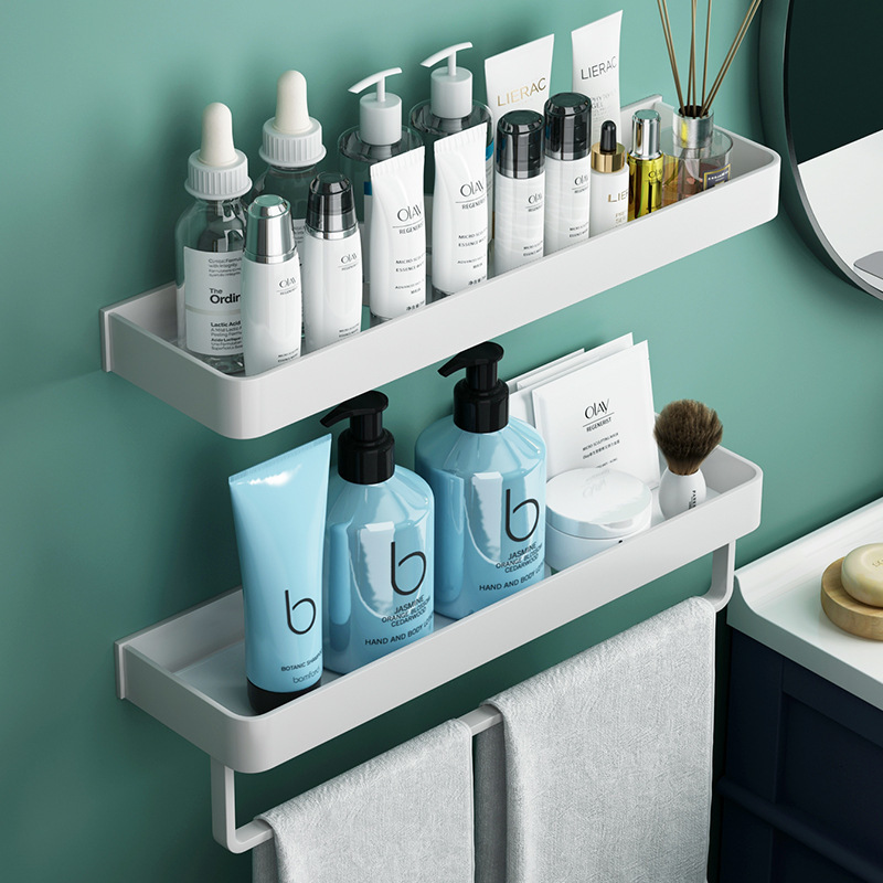Bathroom Shelves White Space Aluminum No Drill Bathroom Shelves Rack Shampoo Shelf with Towel Bar Rack 230422
