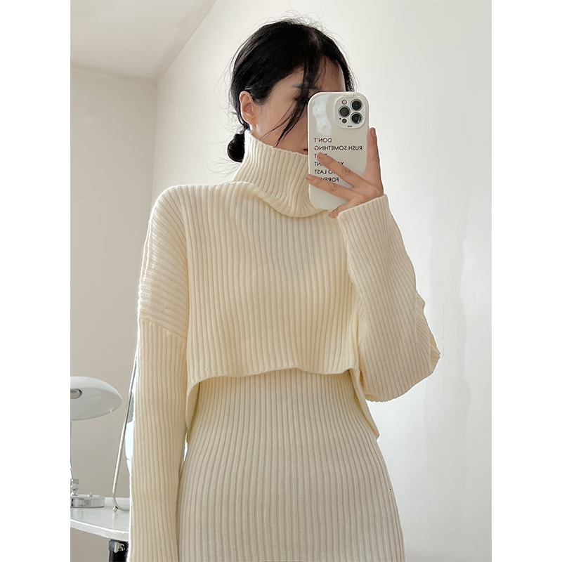 Two Piece Dress Elegant Women Sets Clothes Autumn Winter Turtleneck Sweater Pullover and Vest Dress Two-piece Set Casual Ensemble Femme Outfits 230422