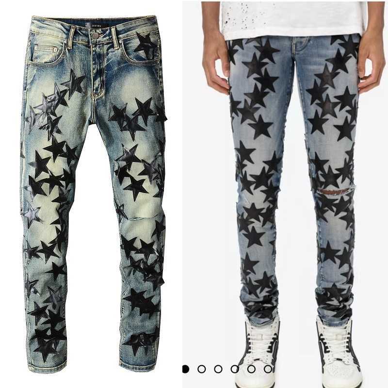 Designer Clothing Fashion Denim Pants Amiiri New High Street Trend Brand Star Leather Knee Knife Cuts Holes to Make Old Washed Elastic Slim Fit Jeans Men, As shown in figure
Designer Clothing Fashion Denim Pants Amiiri New High Street Trend Brand Star Leather Knee Knife Cuts Holes to Make Old Washed Elastic Slim Fit Jeans Men, As shown in figure
