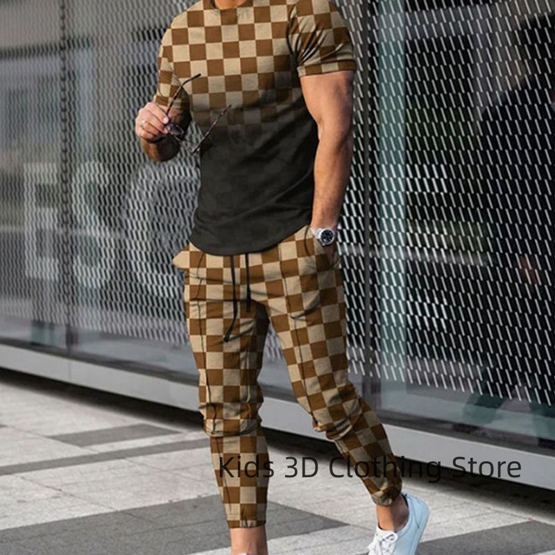 Men's Tracksuits Summer Sportwear Sets 3D Print Men Set Short Sleeve T-shirt Long Pants 2 Piece Sets Men's Trousers Tracksuit Men Clothing O