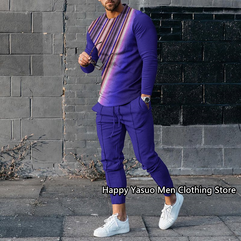 Men's Tracksuits Summer Men's Tracksuit 2 Piece Outfit of Sportswear Long Sleeve Streetwear Fashion T-shirt Set Vintage Pattern Men's C