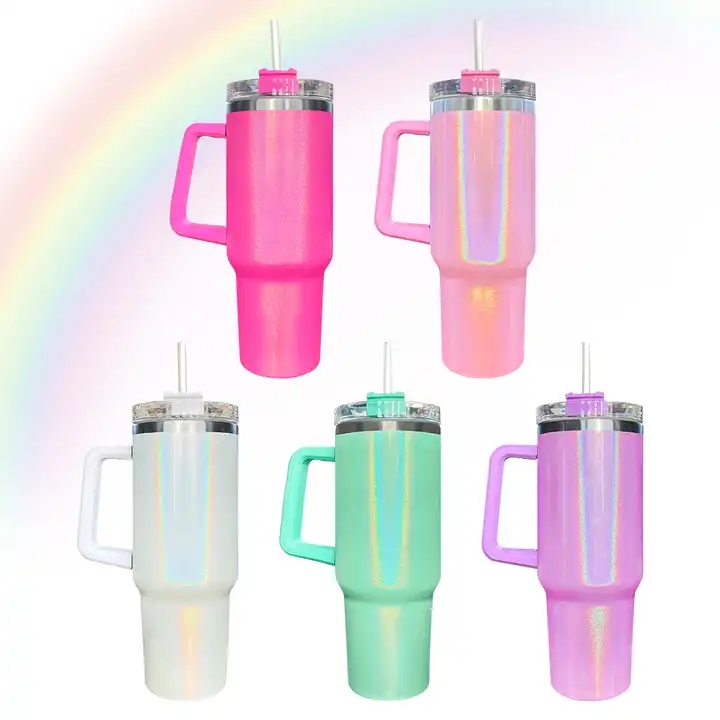 40oz Glitter Rainbow Sublimation Mugs Shimmer Holographic Tumbler Insulated Cups With Handle Lid Straw Stainless Steel Thermos Water Bottles, Multi-color
40oz Glitter Rainbow Sublimation Mugs Shimmer Holographic Tumbler Insulated Cups With Handle Lid Straw Stainless Steel Thermos Water Bottles, Multi-color
