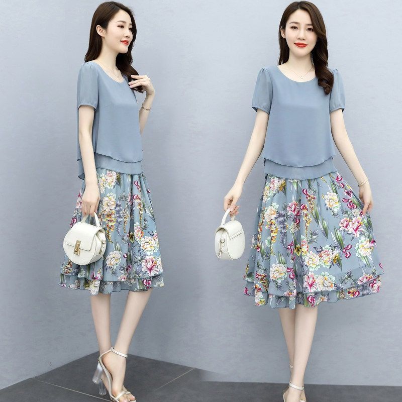 Two Piece Dress Two Piece Sets Women Summer Chiffon Print Shirt and Midi Skirts 2pcs Set Female Korean Casual Office Skirt Suit 5XL E68 230422