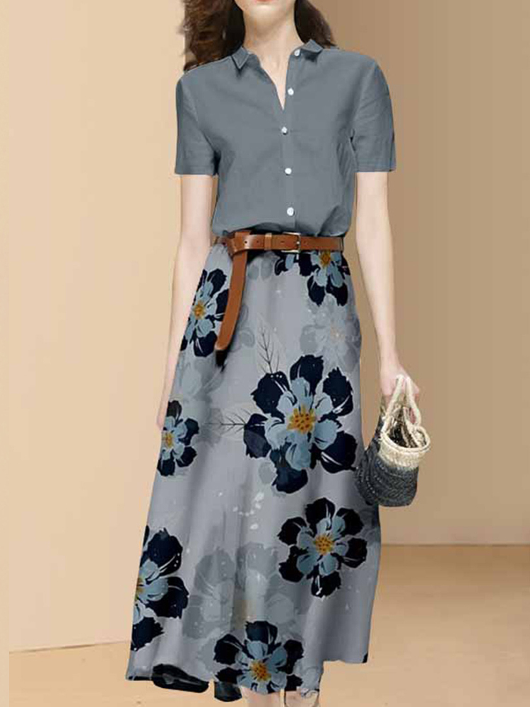 Two Piece Dress EVNISI Summer Women Two Piece Outfit Print Chiffon Short Sleeve Blouse Sashe Skirt Set Woman Casual 2 Piece Sets Suit 230422