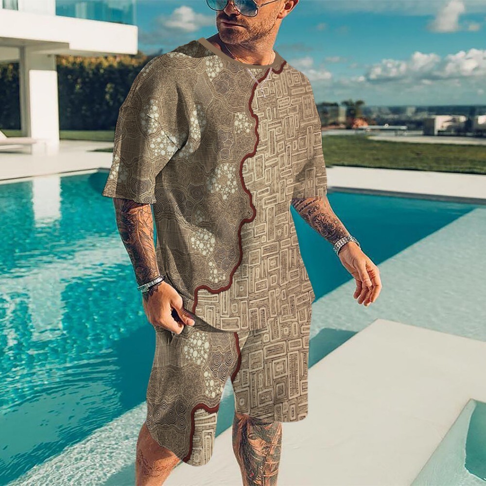 Men's Tracksuits Summer Men's Casual Beach Shorts Set 3D Printed Blu ray Fragments Round Neck Men's T-Shirt Short Sleeve Two Piece Set 