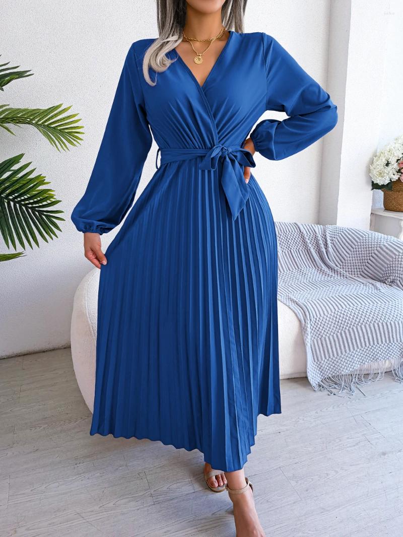 Casual Dresses Autumn And Winter Womens Fashion Style Cross V-neck Large Fold Solid Color Long Dress