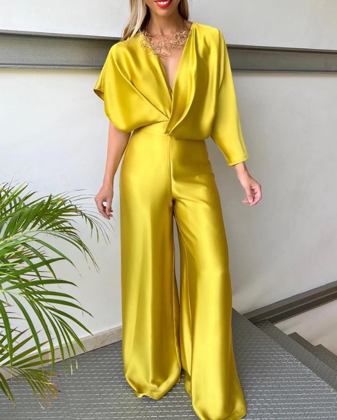 Women's Jumpsuits Rompers Jumpsuit for Women Fashion Plunge Satin Asymmetrical Sleeve Backless Loose Elegant Wide Leg Jumpsuit 230422