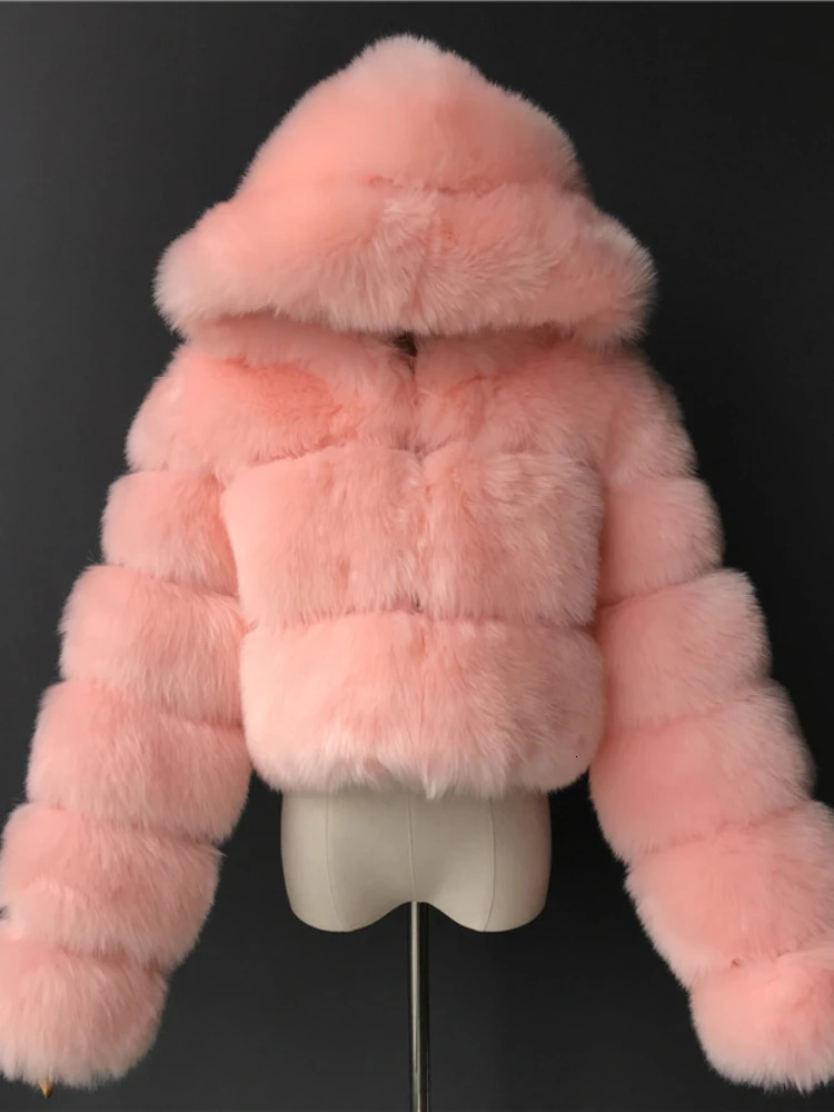 Women's Fur Faux Fur Fashion Hooded Faux Fur Coat Women Winter High Quality Warm Furry Overcoat Elegant Plush Crop Jacket 231121