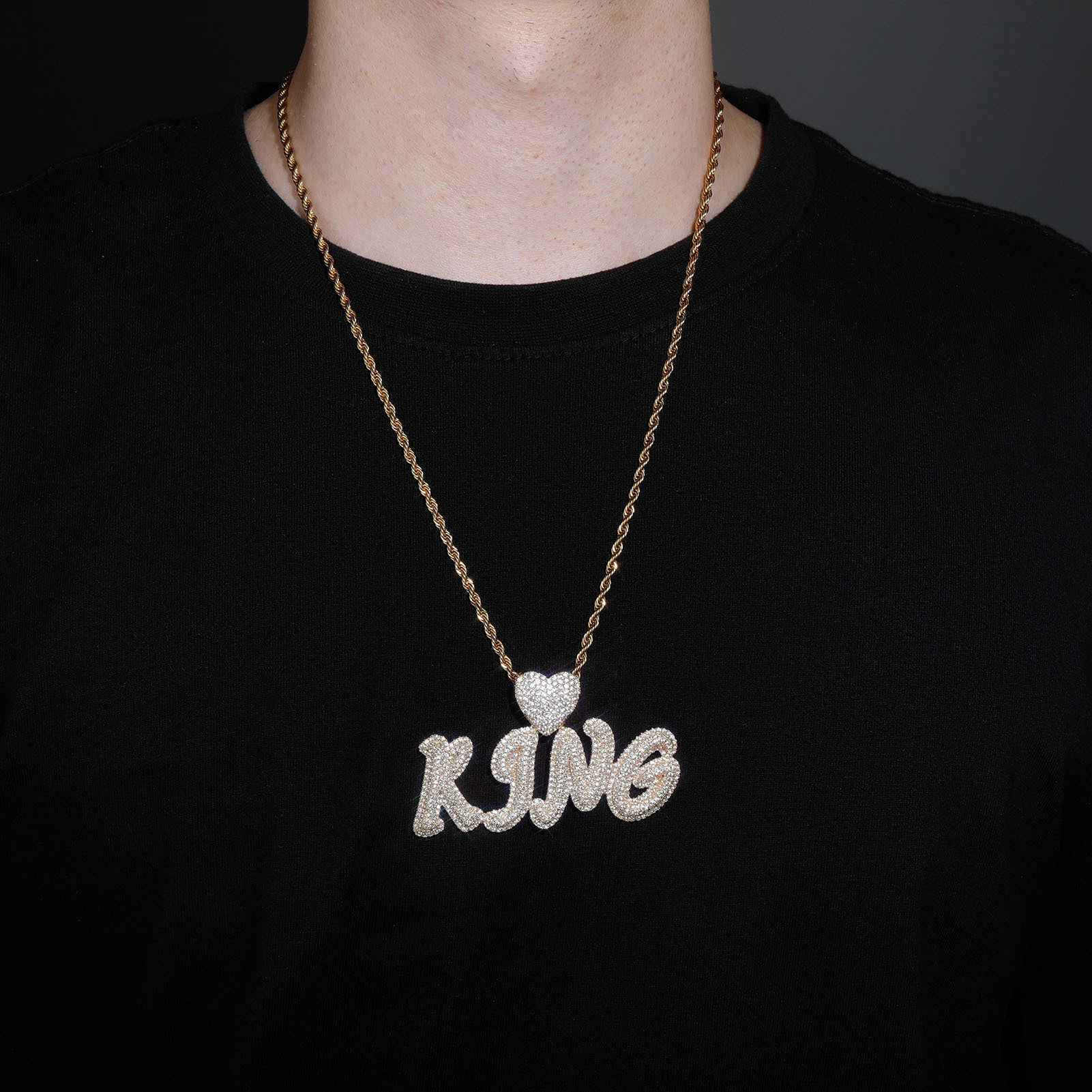 Best Selling Capital Letters Mosaic King Heart Charm Pendant Necklace Mens 14K White Gold Full Bling Cubic Zirconia CZ Stone Hip Hop Personalized Jewe