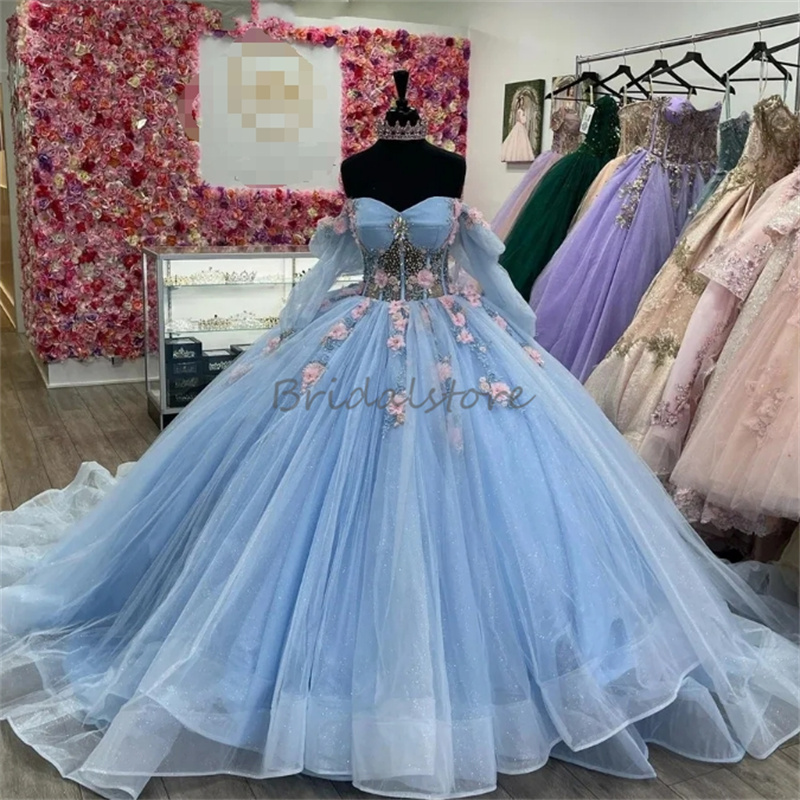 Light Blue Quinceanera Dresses With Pink 3D Flowers Crystal Beaded Princess Birthday Dress Long Sleeve Vestidos De 15 Anos Fifteen Sweet 16 Promdress 