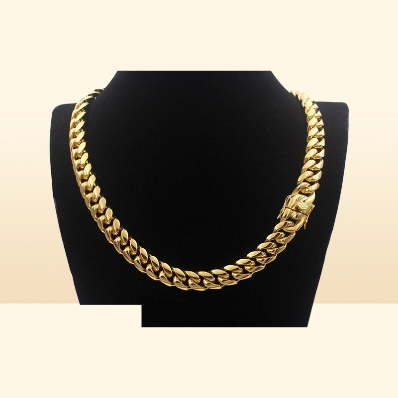 Chains Men Cuban Chain Necklace Stainless Steel Jewelry High Polished Hip Hop Curb Link Double Safety Clasps 18K Stamped 14Mm