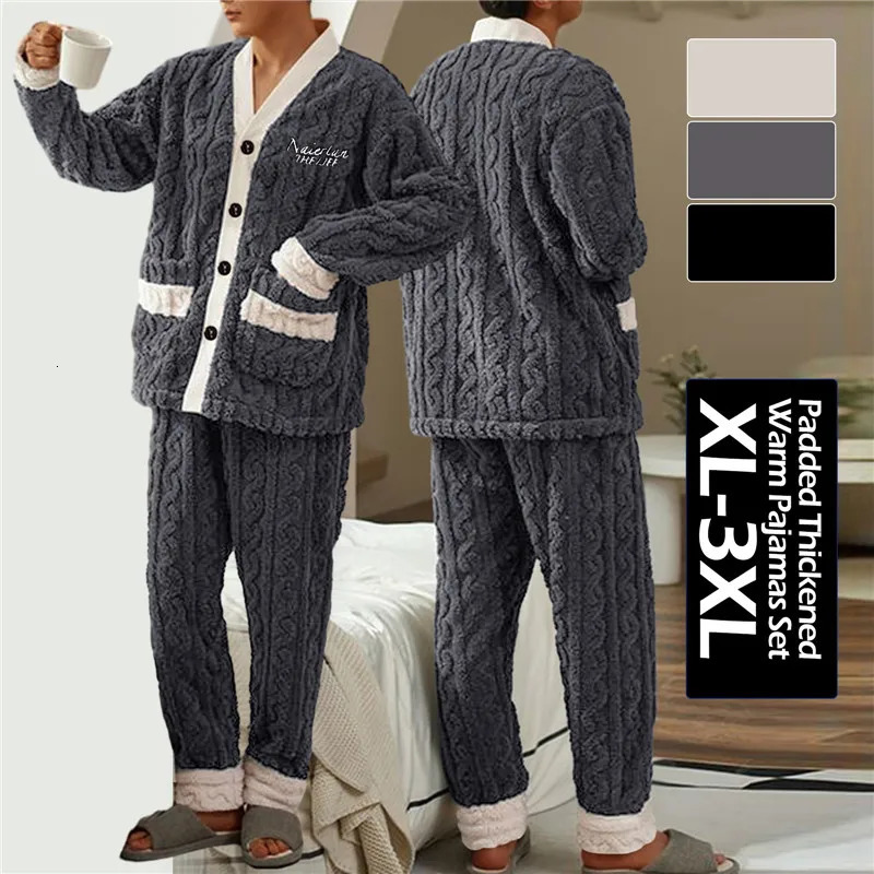 Mens Sleepwear 2024 Men Winter Warm Flannel Pajamas Set VNeck Fluffy Coat Long Pants Male For Sleeping 2 Pieces Housewear 3xl 231122