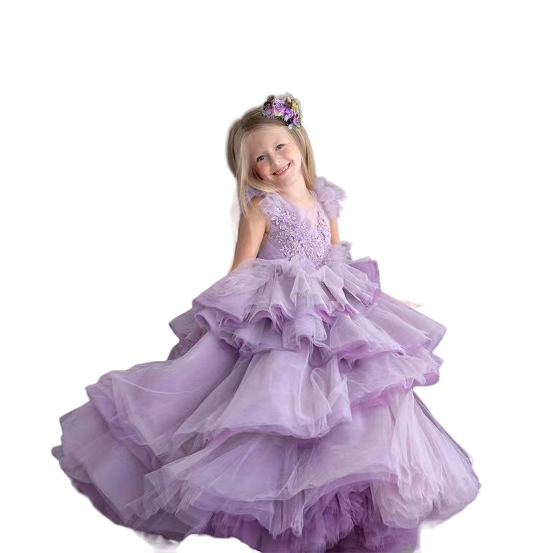 Cute Lace Flower Girl For Wedding 3D Appliqued Ball Gown Toddler Pageant Gowns Frist Holy Communion Dresses Tutu Floor Length Kids Birthday Dress 403