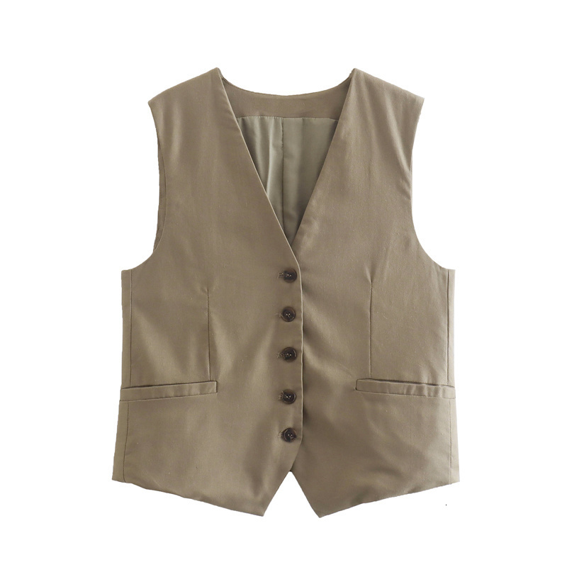 Camisoles Tanks TRAF WOMEN 2023 Fashion Front Button Flax Blending Waistcoat Vintage V Neck Sleeveless Female Outerwear Vest Tops Shorts Suit 230421