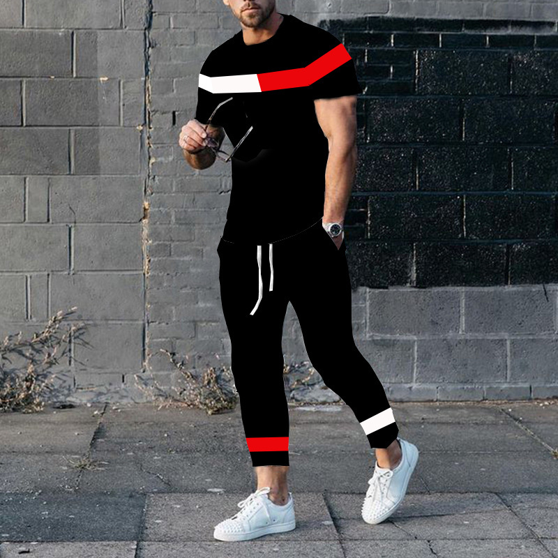 Men's Tracksuits Summer Men Solid Color T-Shirt Trousers Set Fashion K Print Tracksuit 2 Pieces Casual Clothing Male Oversized Streetwear 230422