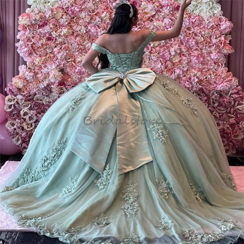 Fifteen Sage Green Quinceanera Dresses Off Shoulders Fluffy Vestidos de 15 Anos Quinceaneras Appliques Lace Corset Birthday Party Sweet 16 Dress ogstu