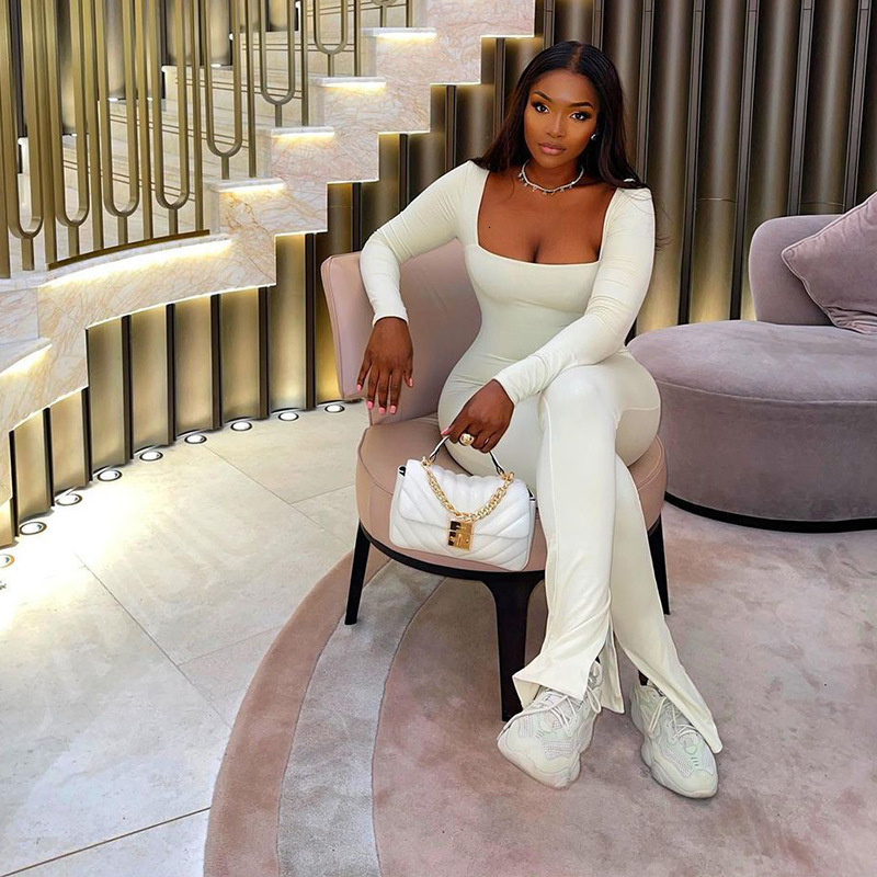 Women's Jumpsuits Rompers HOUZHOU Sexy Jumpsuit Women Long Sleeve Square Neck Bodycon Female Flared Pants Long Romper Fitness Clubwear Streetwear