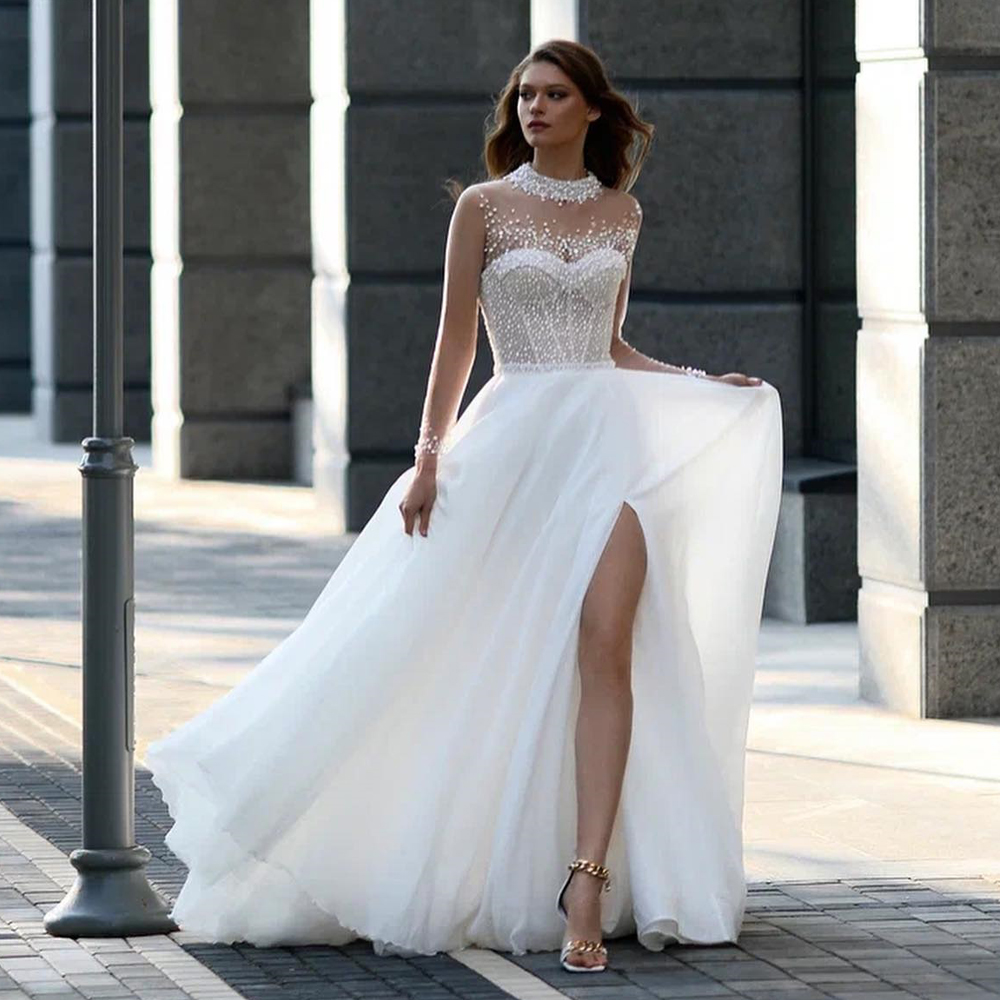 Illusion Jewel Neck A Line Wedding Dresses Beaded Side Split Bridal Dress for Women See Thr Sleeve Chiffon Boho Vestidos De Novia