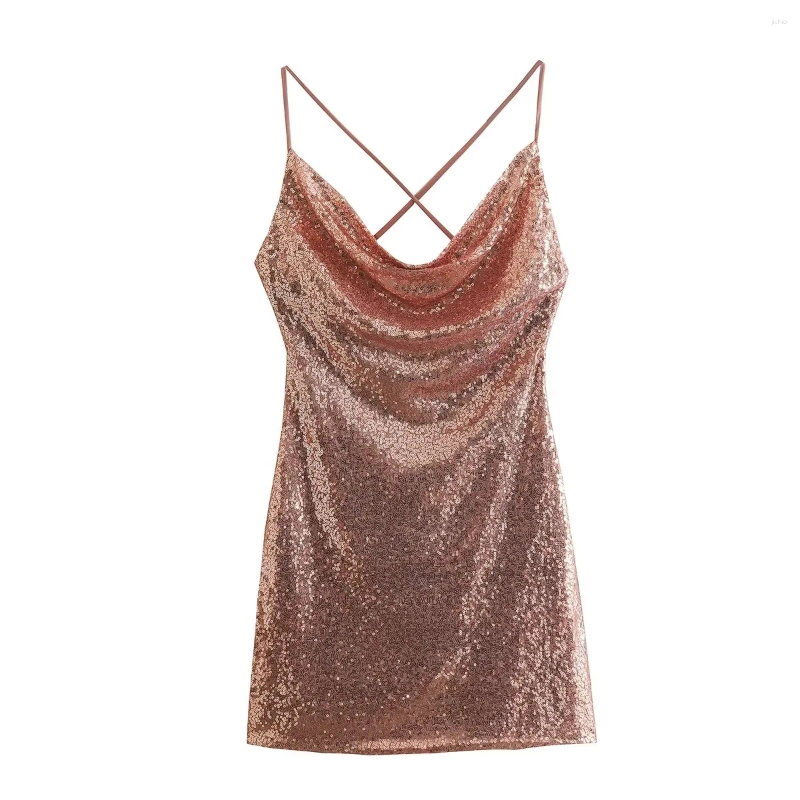 Casual Dresses KONDALA Sexy Shiny Sequins Sheath Party Mini Dress Women Fashion 2024 Backless V Neck Elegant Night Club Cami
