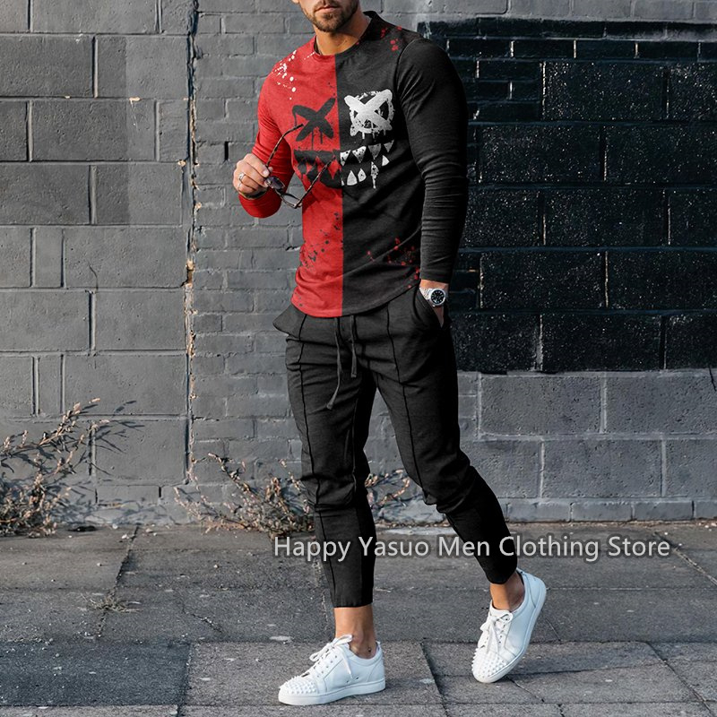 Men's Tracksuits Summer Men's Tracksuit 2 Piece Outfit of Sportswear Long Sleeve Streetwear Fashion T-shirt Set Vintage Pattern Men's C