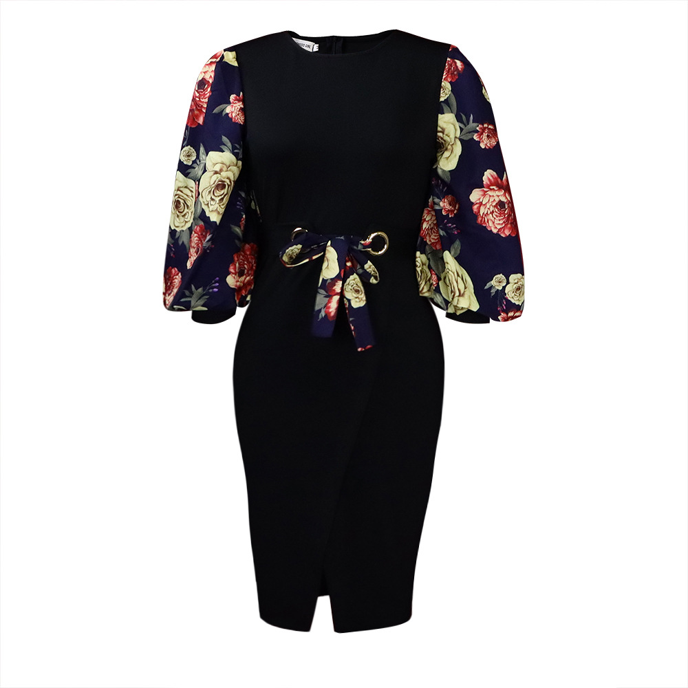 Prom dress designer dress Lantern Sleeve Bodycon Midi Dress Chic Elegant Floral Print Casual Evening Party Dress With Belt Summer Club Women Outfits w
